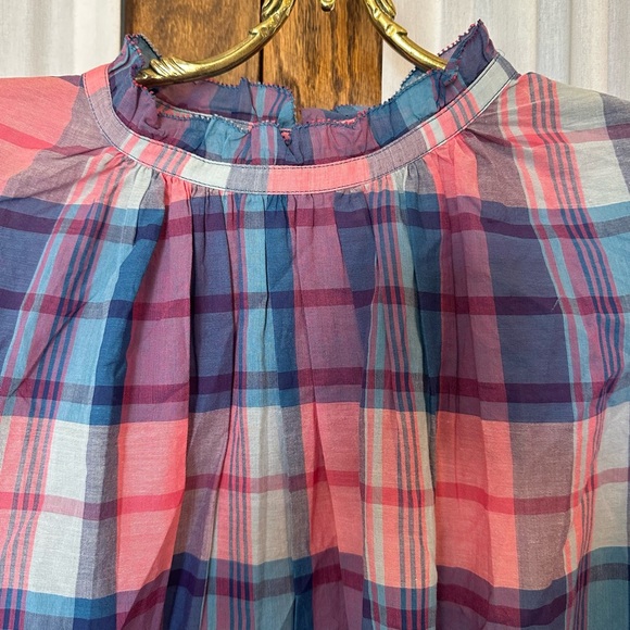 Trovata Birds of Paradis Blue Pink Plaid Carla High Neck Shirt - Picture 4 of 13